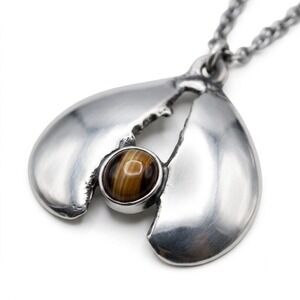 Vintage Swedish Modernist Pewter Tiger Eye Pendant Necklace Bengt Blomqvist BB